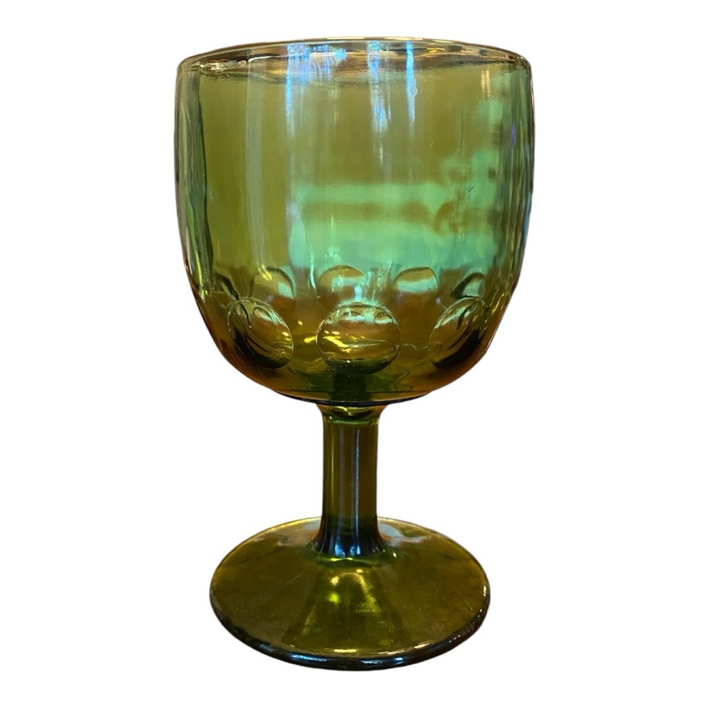 Vintage Bartlett Collins Avocado Green Thumbprint Glass Goblet Footed MCM